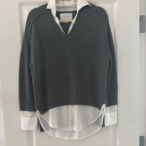 Brochu Walker Gray V-Neck Sweater with White Layered Shirt